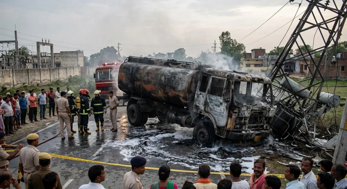 आजमगढ़ में दर्दनाक हादसा: ट्रांसफार्मर से टकराया ईंधन टैंकर, आग में जिंदा जले 3 लोग
