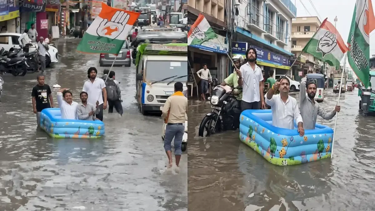 कानपुर में 1 घंटे की बारिश और बाथटब पर सवार हुए कांग्रेस नेता, वीडियो वायरल
