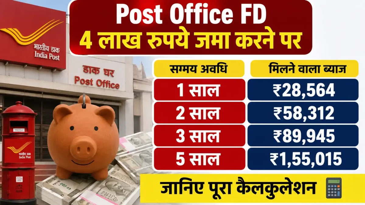 Post Office FD: 4 लाख रुपये जमा करने पर 1, 2, 3 और 5 साल में कितना मिलेगा ब्याज? जानिए पूरा कैलकुलेशन